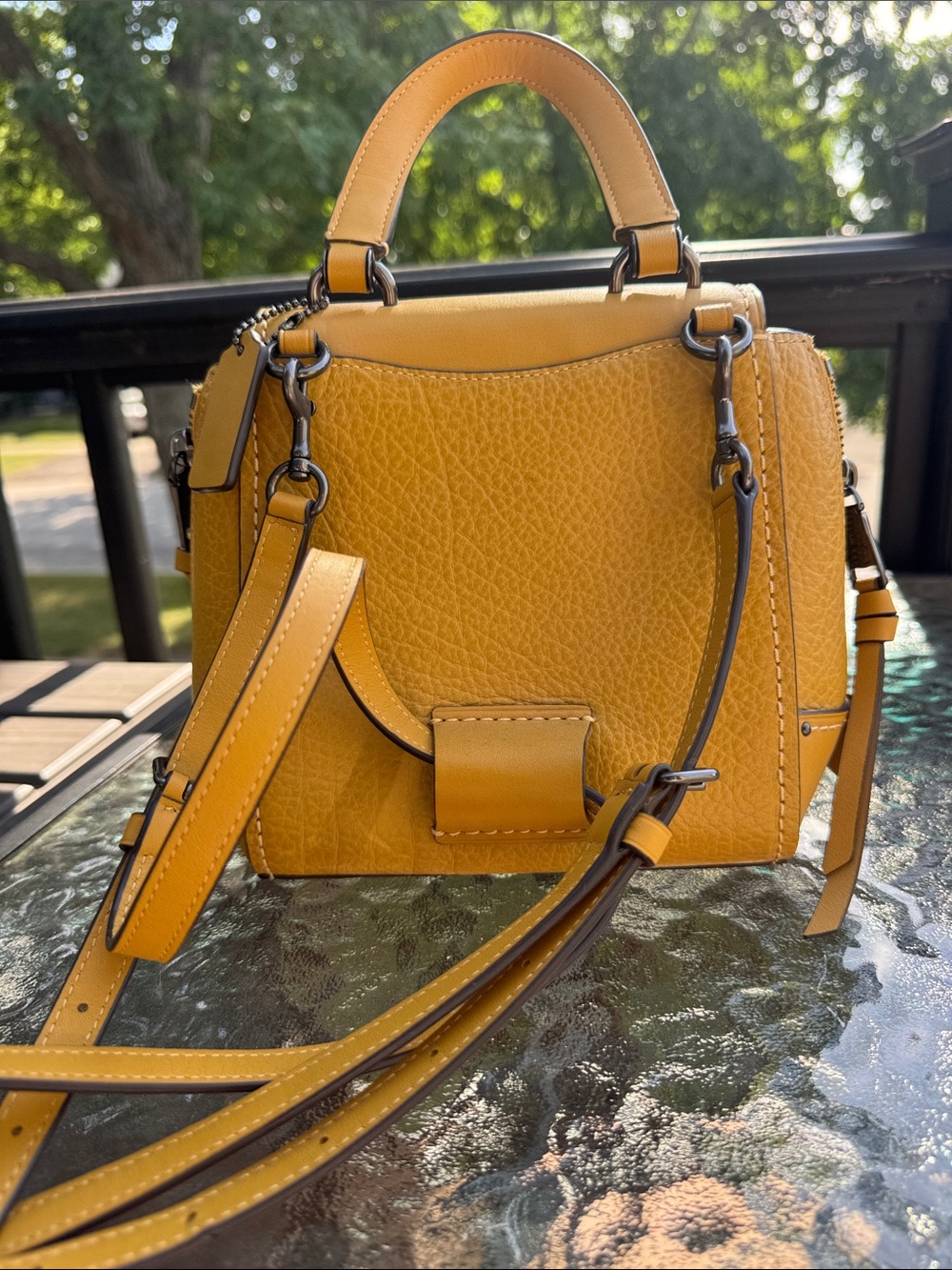 Coach Yellow Mini Leather Top-Handle Backpack - Picture 4 of 16